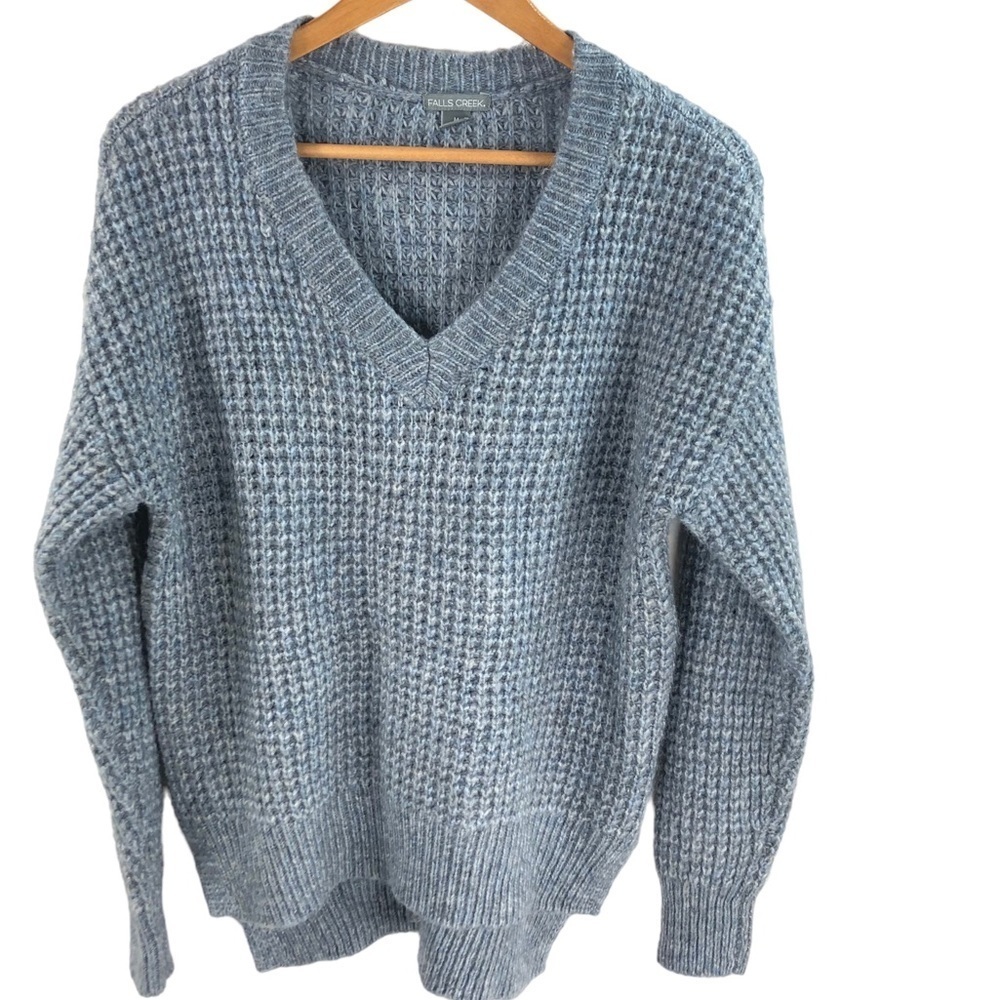 Falls Creek Sz M V Neck Textured Sweater Waffle Knit Blue Grey Pullover Casual